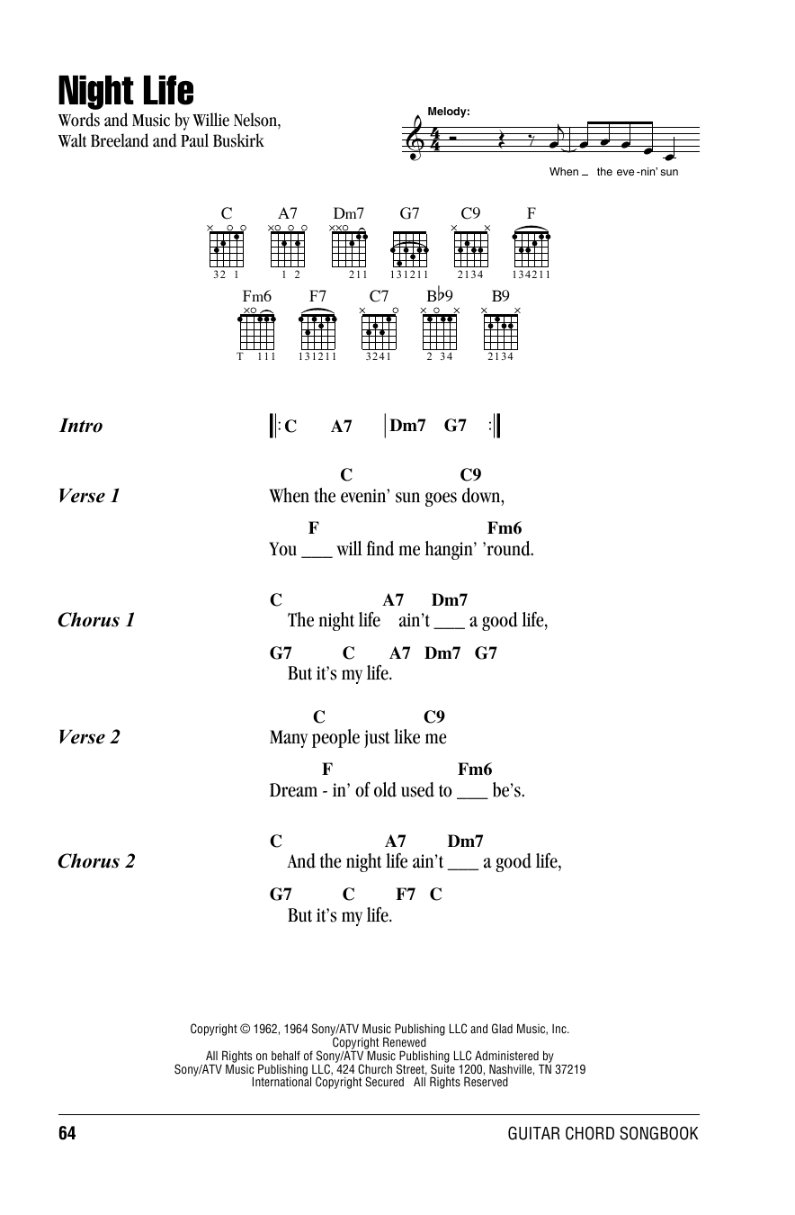 Willie Nelson Night Life sheet music notes and chords. Download Printable PDF.