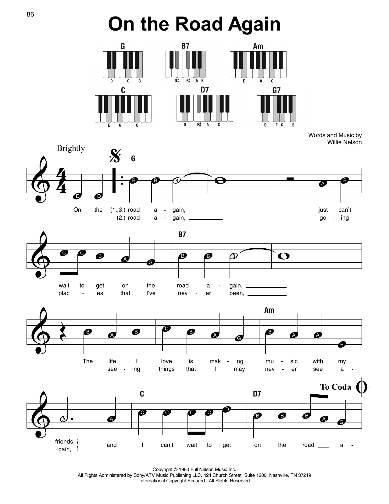 Willie Nelson On The Road Again sheet music notes and chords. Download Printable PDF.