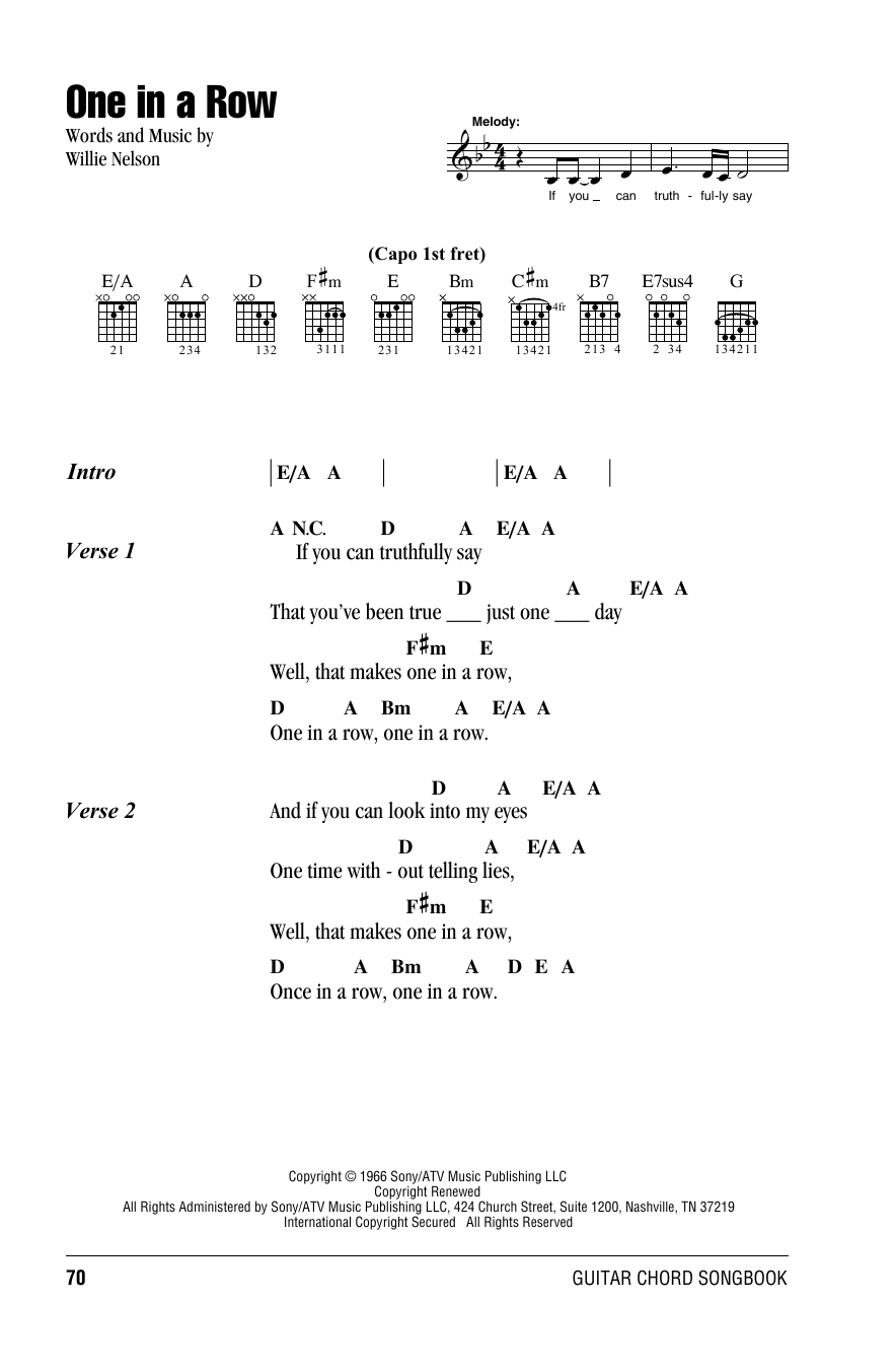 Willie Nelson One In A Row sheet music notes and chords. Download Printable PDF.