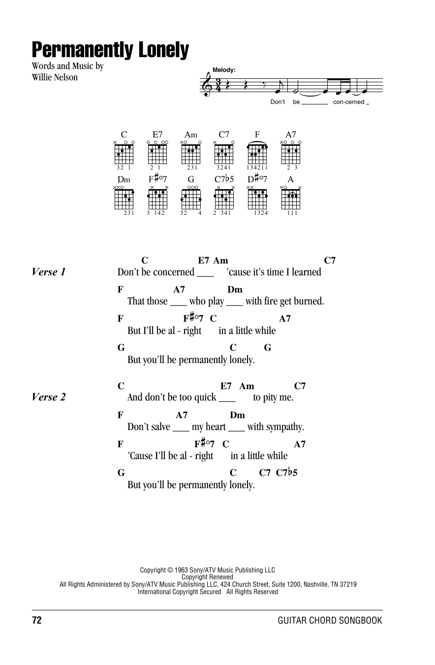 Willie Nelson Permanently Lonely sheet music notes and chords. Download Printable PDF.