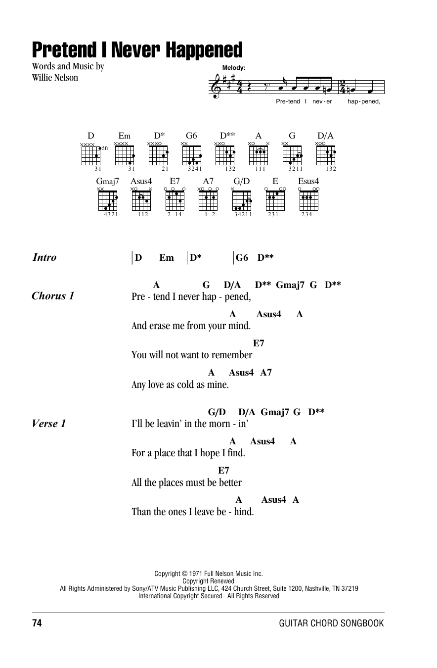 Willie Nelson Pretend I Never Happened sheet music notes and chords. Download Printable PDF.