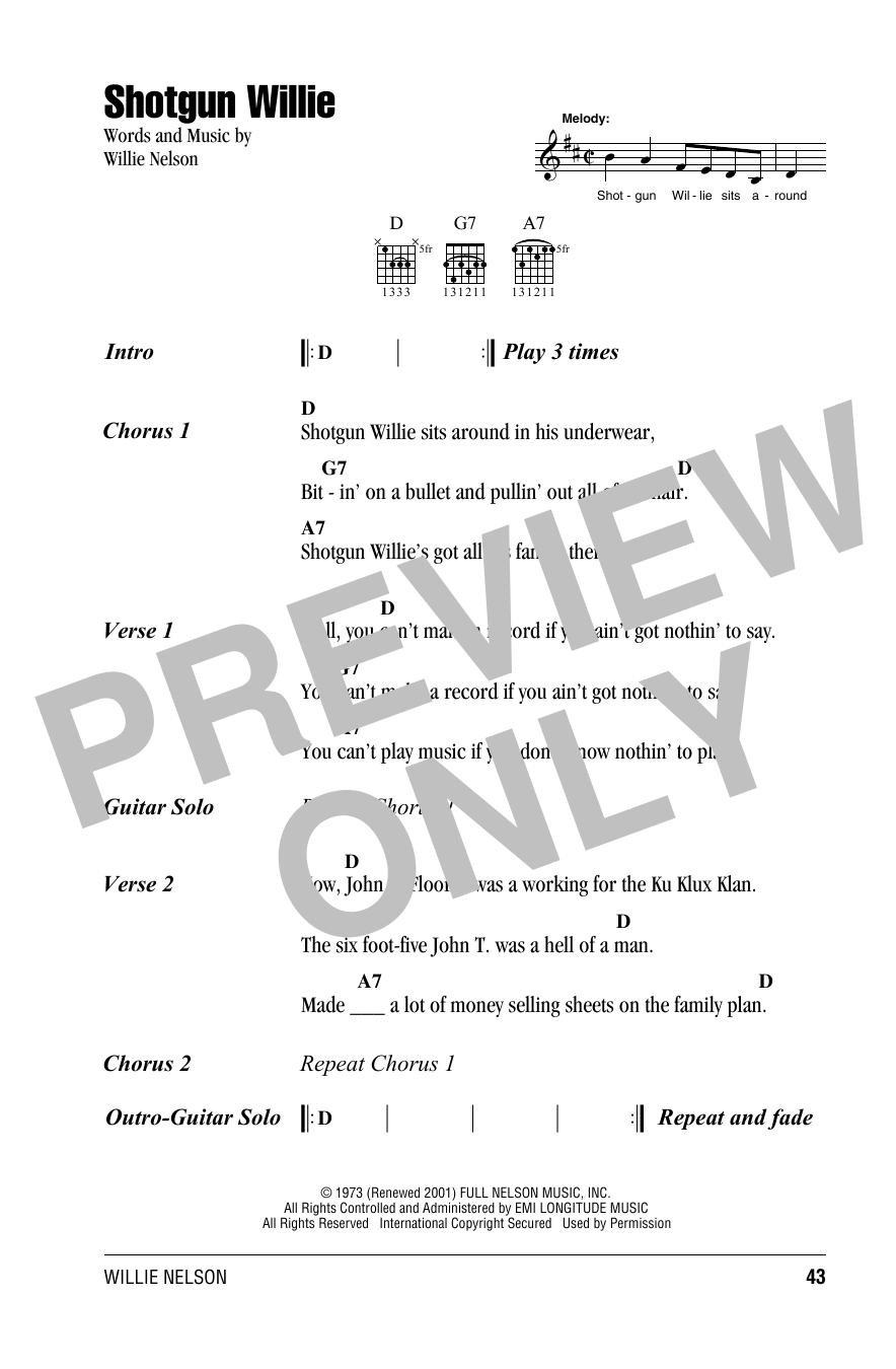 Willie Nelson Shotgun Willie sheet music notes and chords. Download Printable PDF.