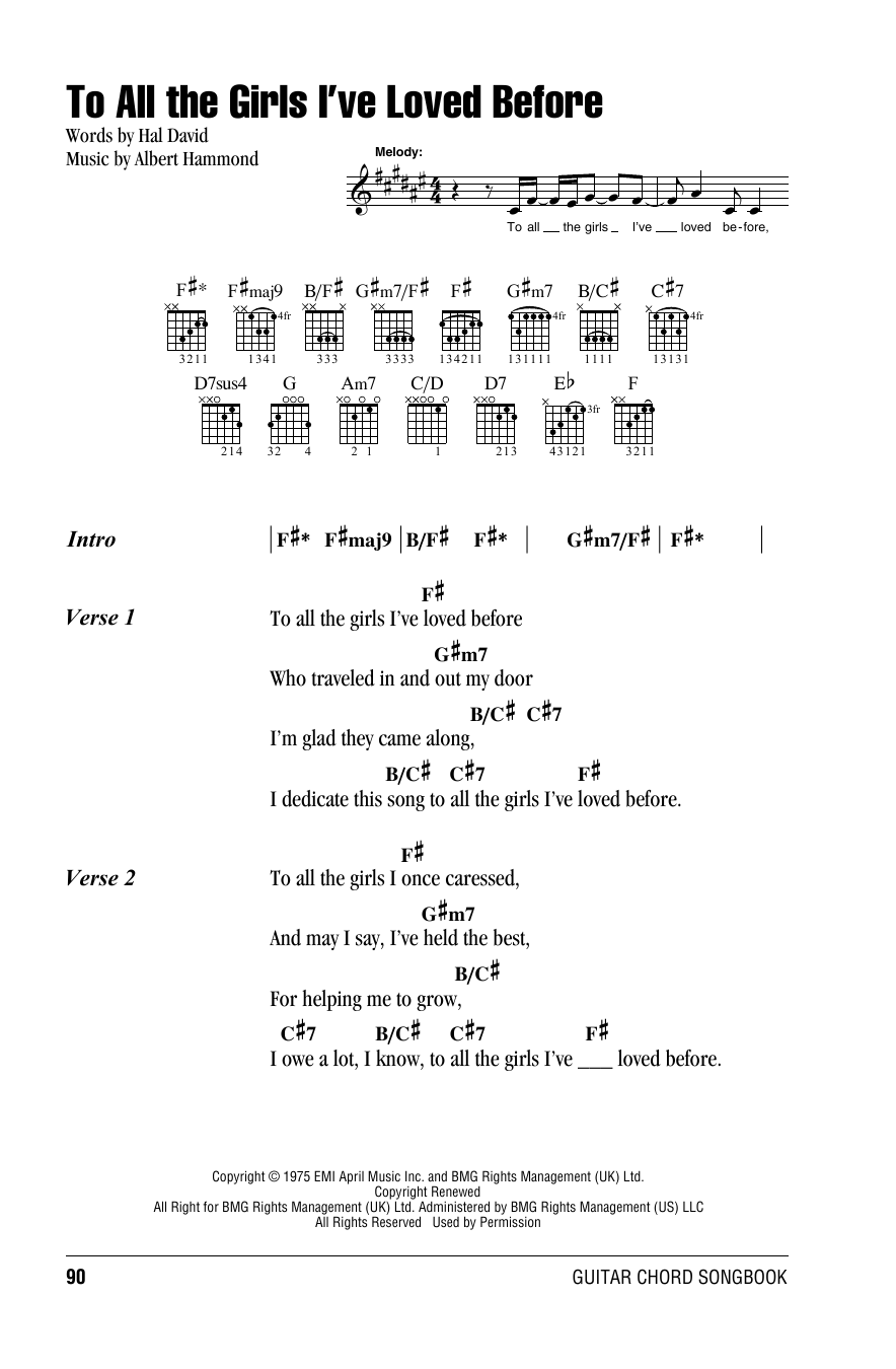 Willie Nelson To All The Girls I've Loved Before sheet music notes and chords. Download Printable PDF.