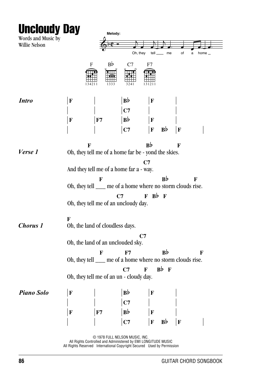 Willie Nelson Uncloudy Day sheet music notes and chords. Download Printable PDF.