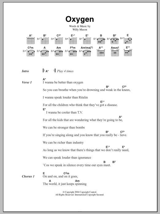 Learn to play Willy Mason Oxygen sheet music for Guitar Chords/Lyrics in minutes. Price: 4.4900$ Willy Mason Oxygen sheet music notes and chords arranged for Guitar Chords/Lyrics