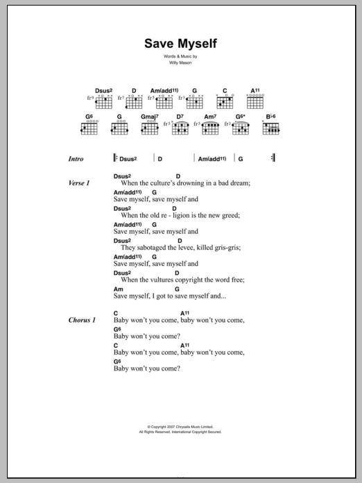 Willy Mason Save Myself sheet music notes and chords. Download Printable PDF.