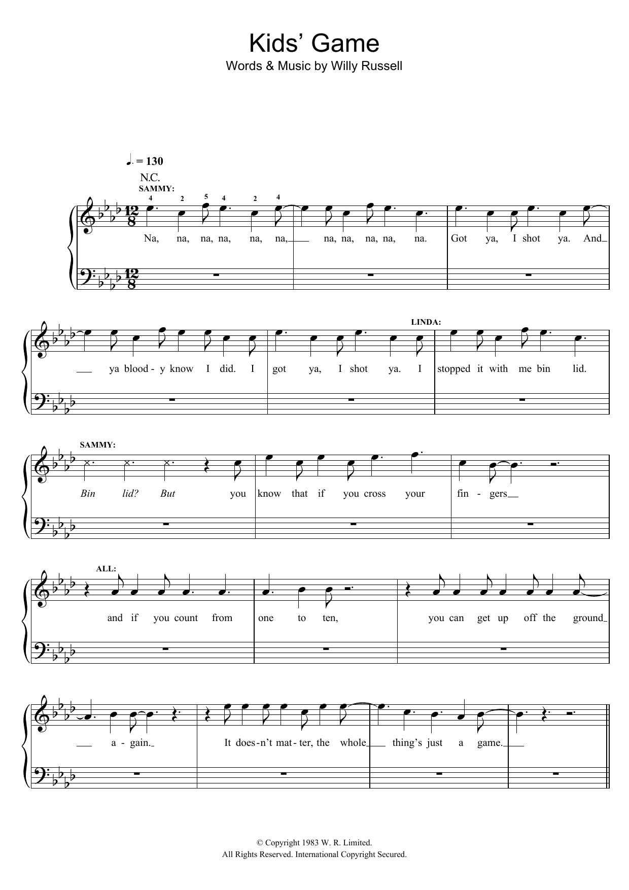 Willy Russell Kids' Game (from Blood Brothers) sheet music notes and chords. Download Printable PDF.