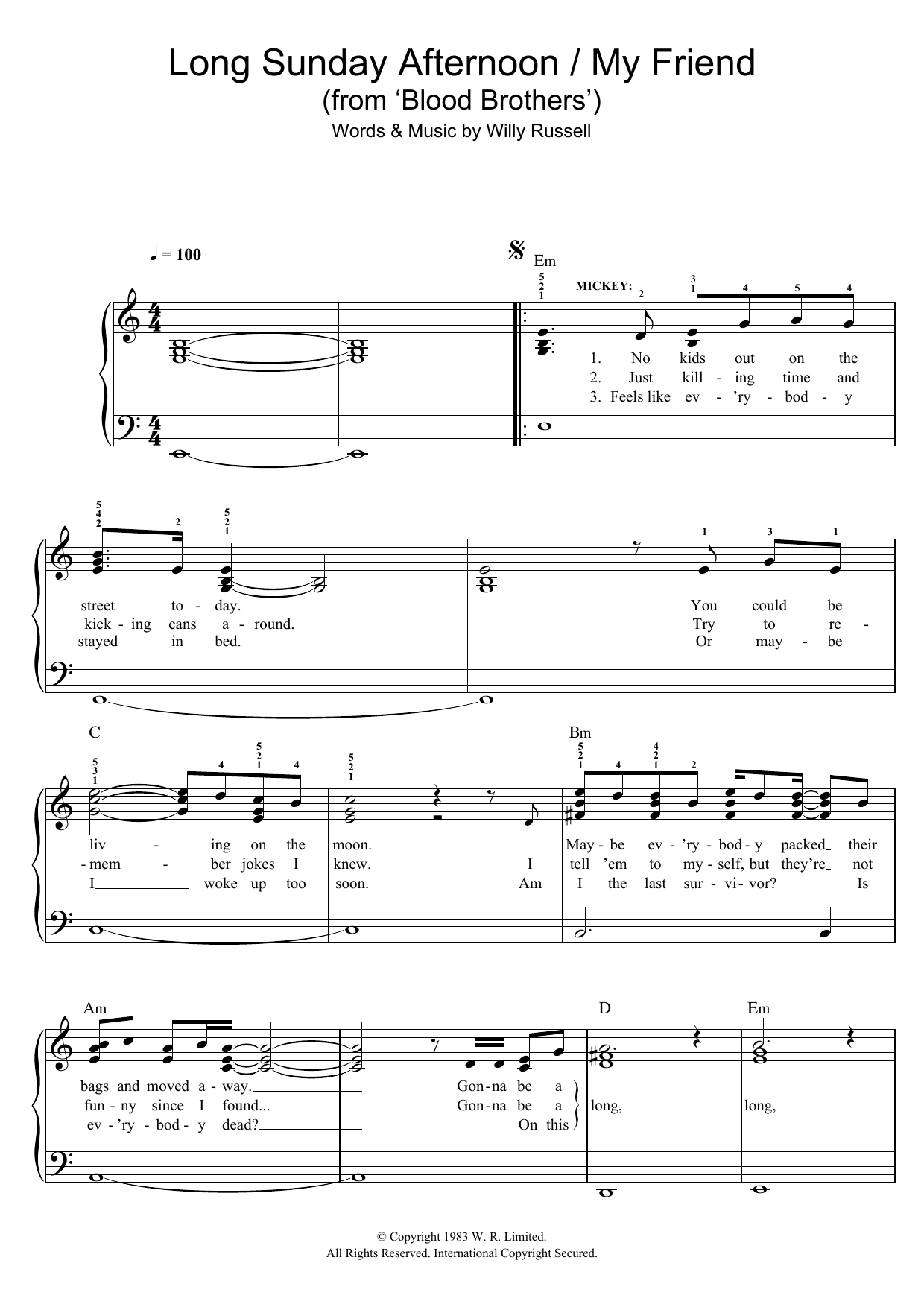 Willy Russell Long Sunday Afternoon/My Friend (from Blood Brothers) sheet music notes and chords. Download Printable PDF.