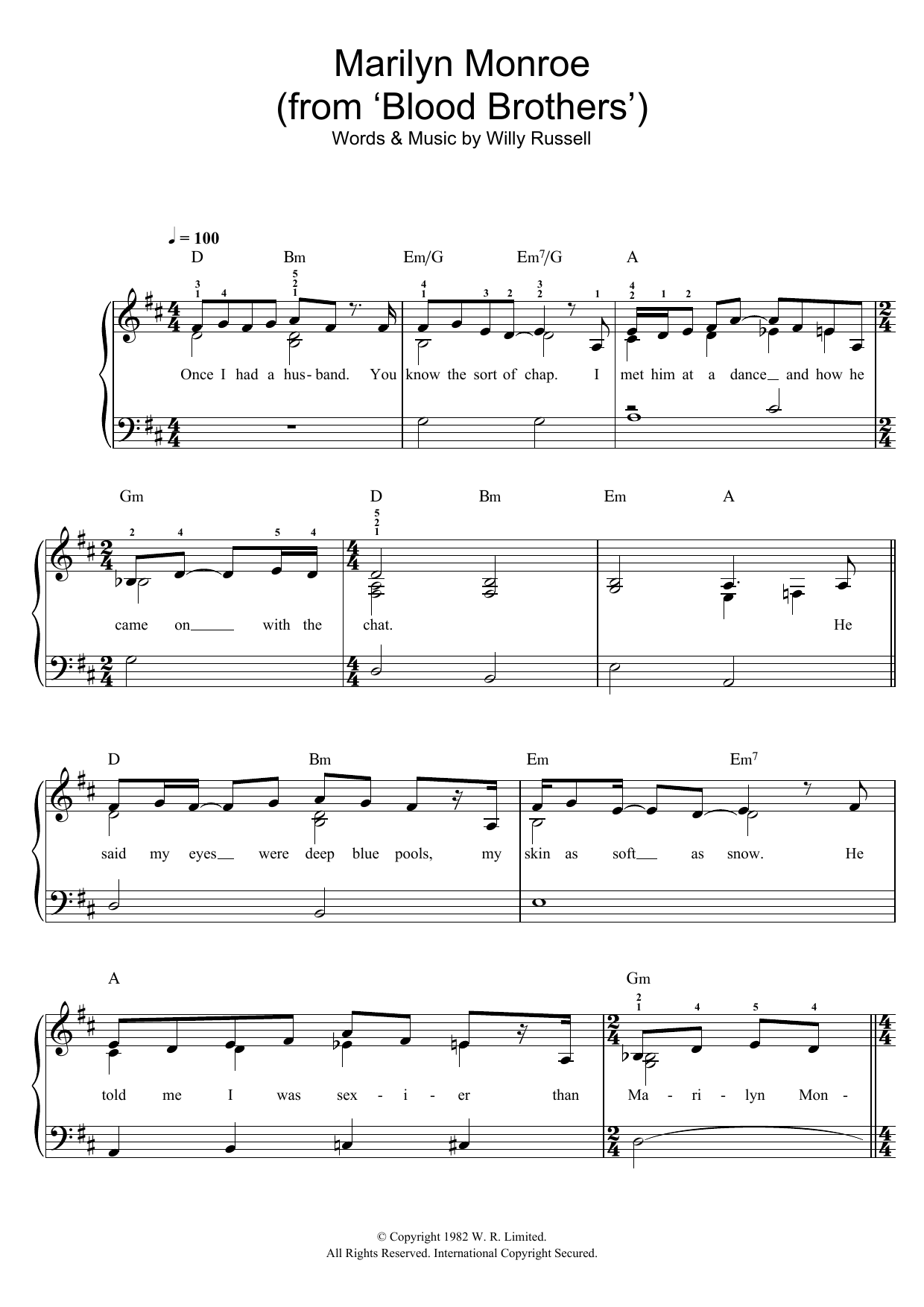 Learn to play Willy Russell Marilyn Monroe (from Blood Brothers) sheet music for Easy Piano in minutes. Price: 6.9900$ Willy Russell Marilyn Monroe (from Blood Brothers) sheet music notes and chords arranged for Easy Piano