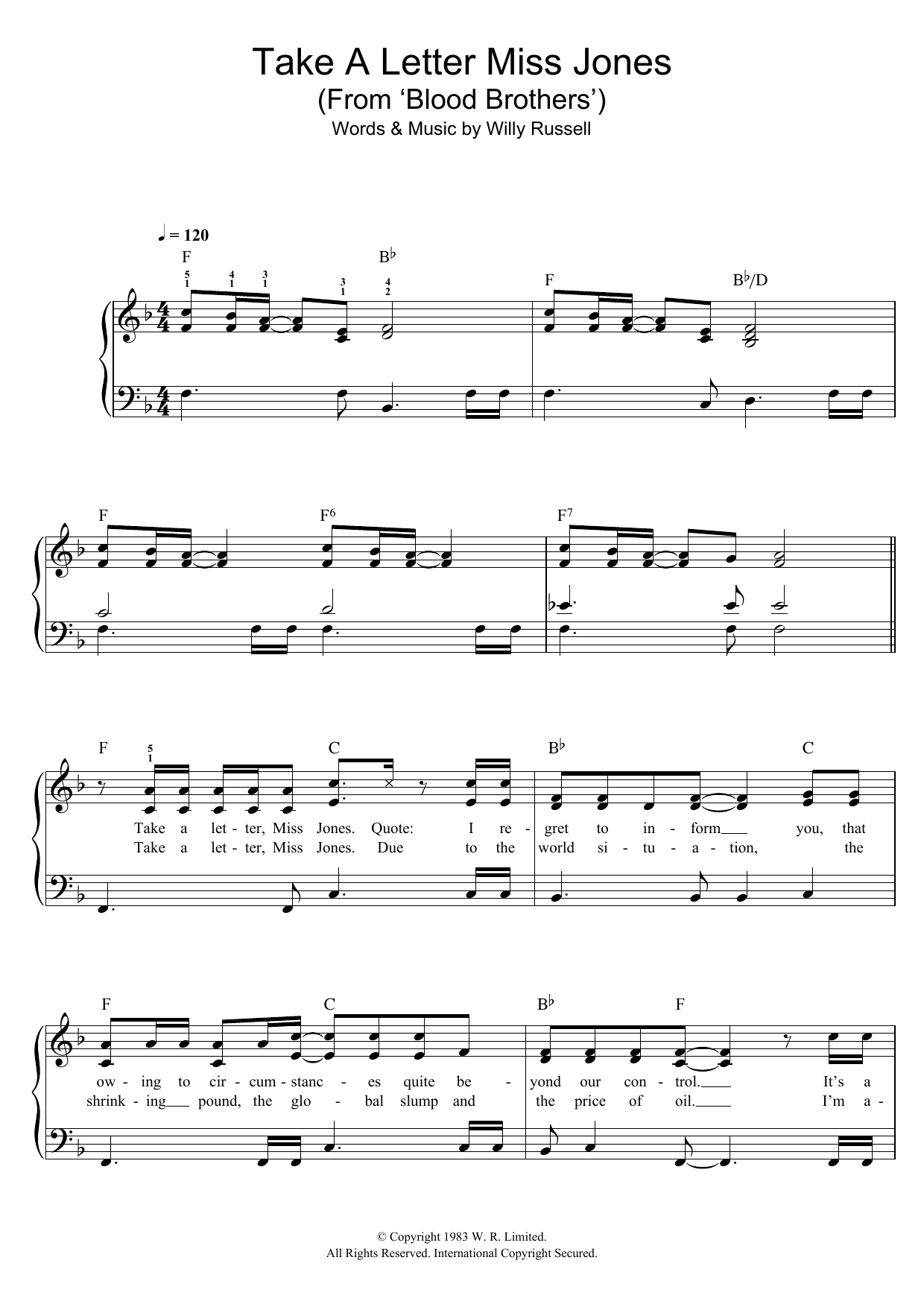 Willy Russell Take A Letter Miss Jones (from Blood Brothers) sheet music notes and chords. Download Printable PDF.