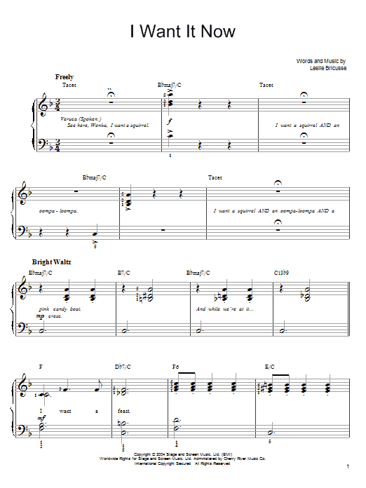 Willy Wonka I Want It Now sheet music notes and chords. Download Printable PDF.