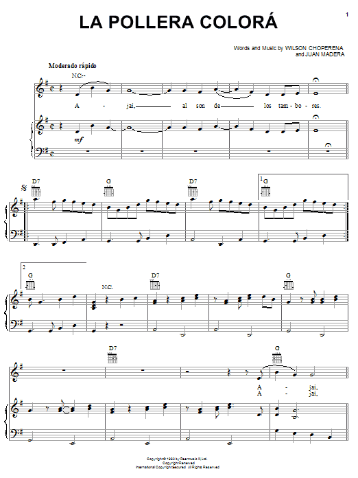 Learn to play Wilson Choperena La Pollera Colora sheet music for Piano, Vocal & Guitar Chords (Right-Hand Melody) in minutes. Price: 7.8900$ Wilson Choperena La Pollera Colora sheet music notes and chords arranged for Piano, Vocal & Guitar Chords (Right-Hand Melody)