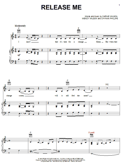 Wilson Phillips Release Me sheet music notes and chords arranged for Piano, Vocal & Guitar Chords (Right-Hand Melody)