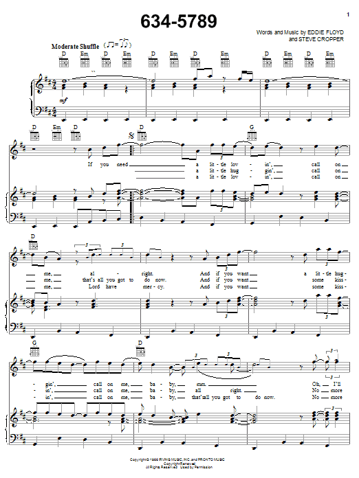 Wilson Pickett 634-5789 sheet music notes and chords arranged for Piano, Vocal & Guitar Chords (Right-Hand Melody)