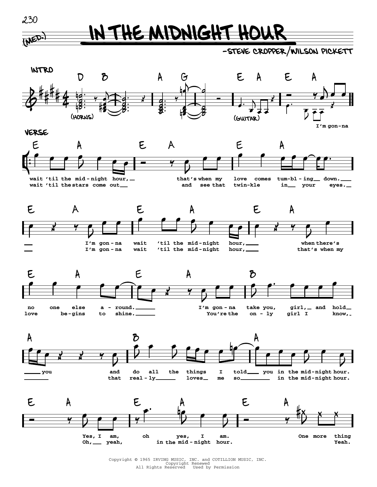 Wilson Pickett In The Midnight Hour sheet music notes and chords. Download Printable PDF.