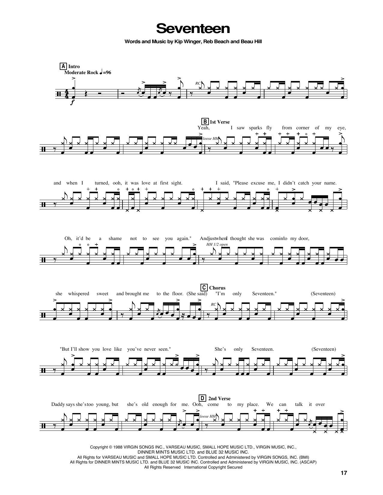 Winger Seventeen sheet music notes and chords. Download Printable PDF.