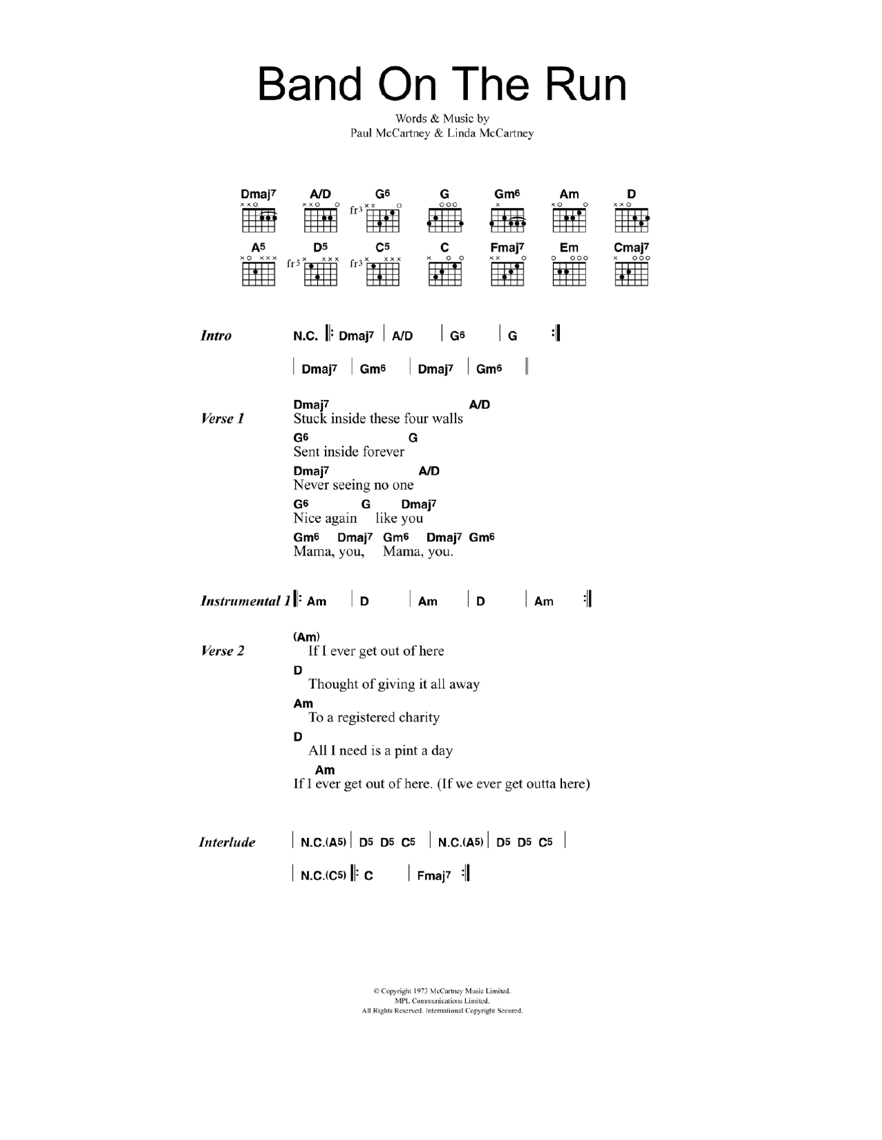 Paul McCartney & Wings Band On The Run sheet music notes and chords. Download Printable PDF.