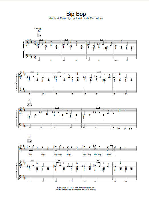Learn to play Paul McCartney & Wings Bip Bop sheet music for Piano, Vocal & Guitar Chords in minutes. Price: 7.8900$ Paul McCartney & Wings Bip Bop sheet music notes and chords arranged for Piano, Vocal & Guitar Chords