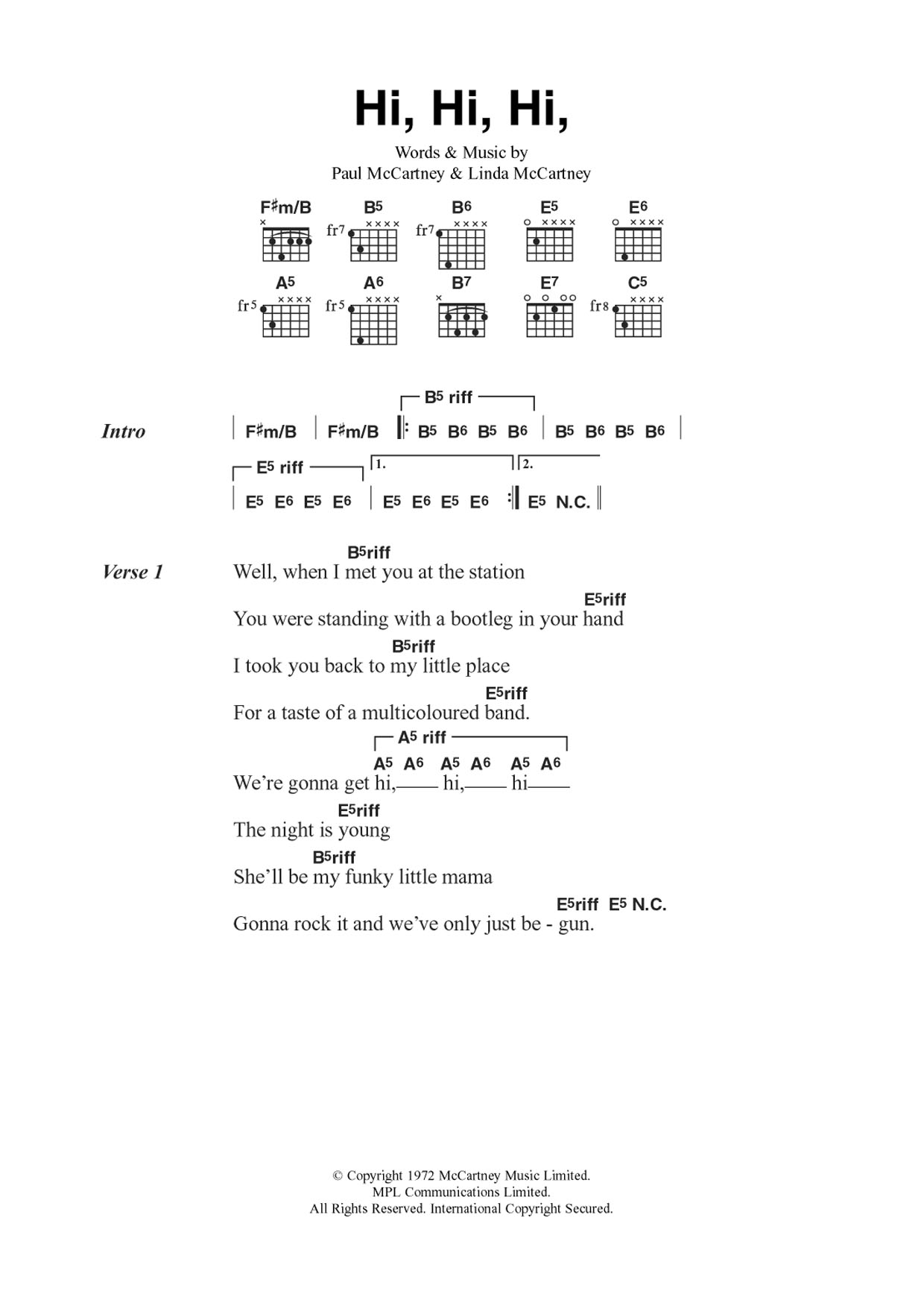 Wings Hi Hi Hi sheet music notes and chords arranged for Guitar Chords/Lyrics