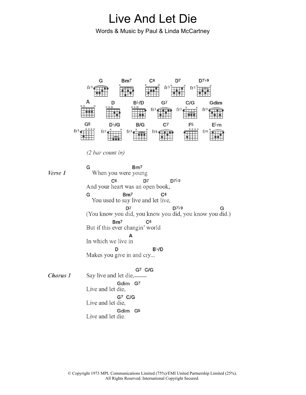 Paul McCartney & Wings Live And Let Die (theme from the James Bond film) sheet music notes and chords. Download Printable PDF.