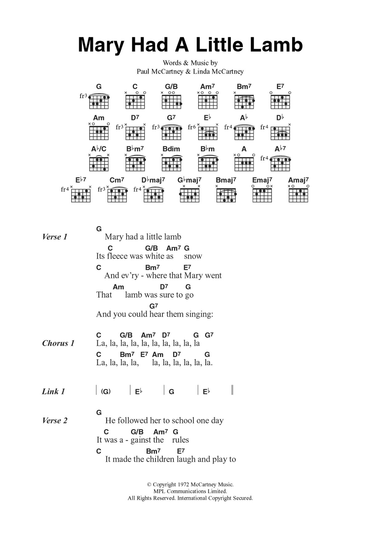 Wings Mary Had A Little Lamb sheet music notes and chords arranged for Guitar Chords/Lyrics