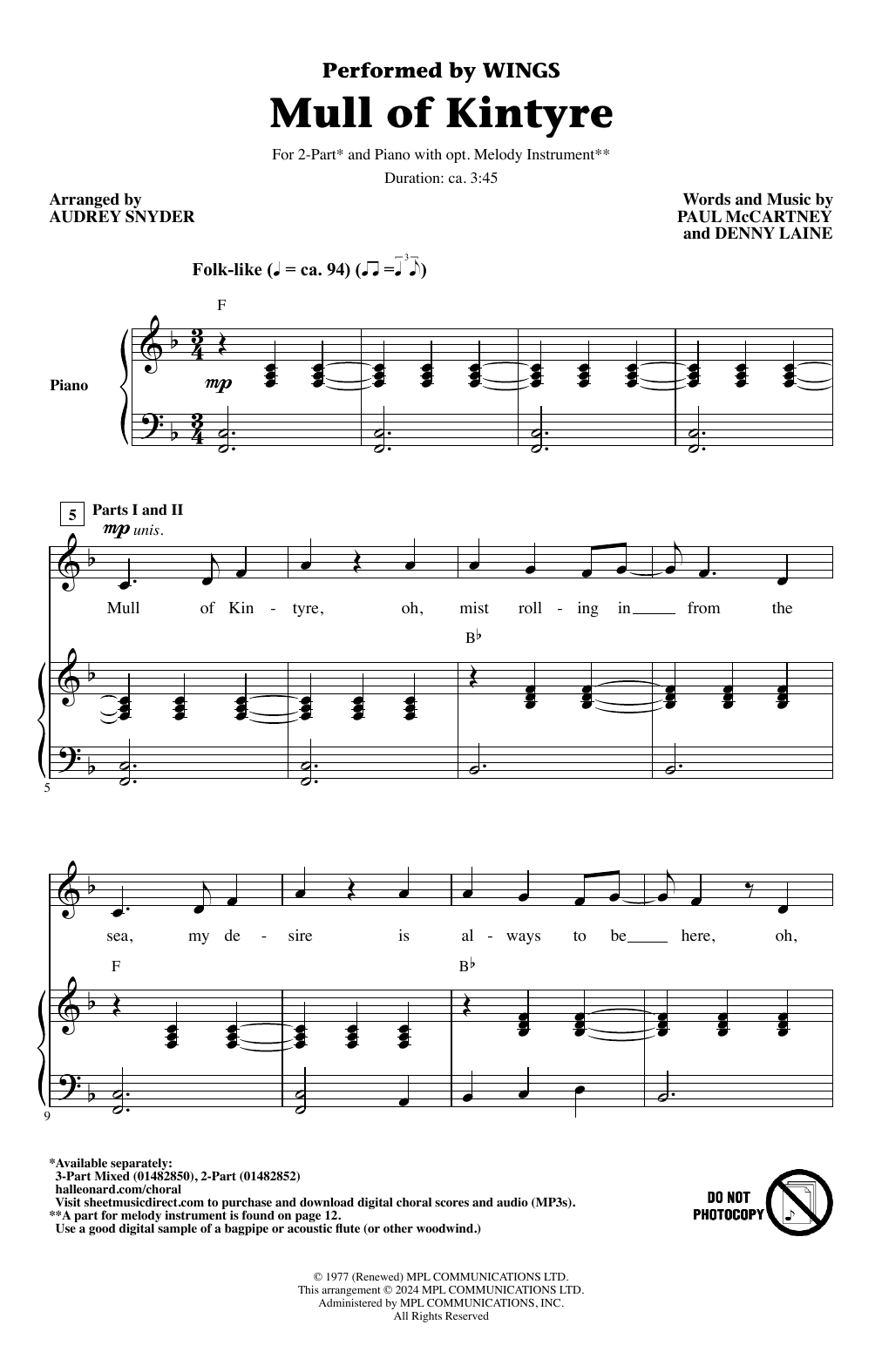 Wings Mull Of Kintyre (arr. Audrey Snyder) sheet music notes and chords arranged for 2-Part Choir