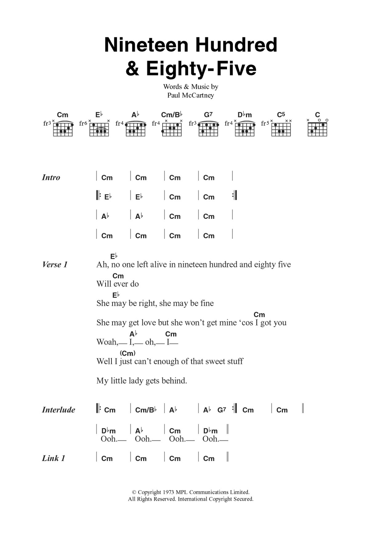 Paul McCartney & Wings Nineteen Hundred And Eighty-Five sheet music notes and chords arranged for Piano, Vocal & Guitar Chords