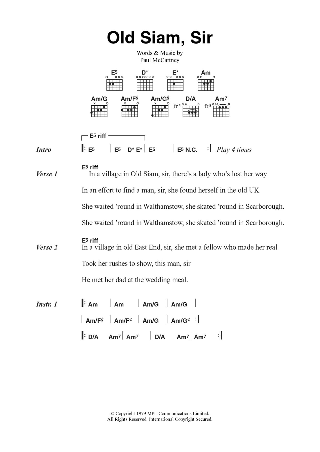 Wings Old Siam, Sir sheet music notes and chords arranged for Guitar Chords/Lyrics