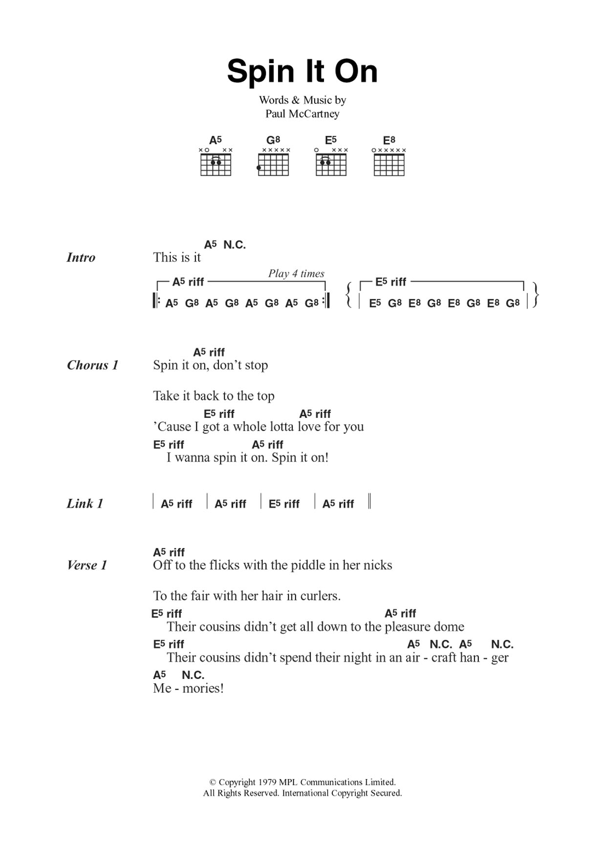 Wings Spin It On sheet music notes and chords. Download Printable PDF.