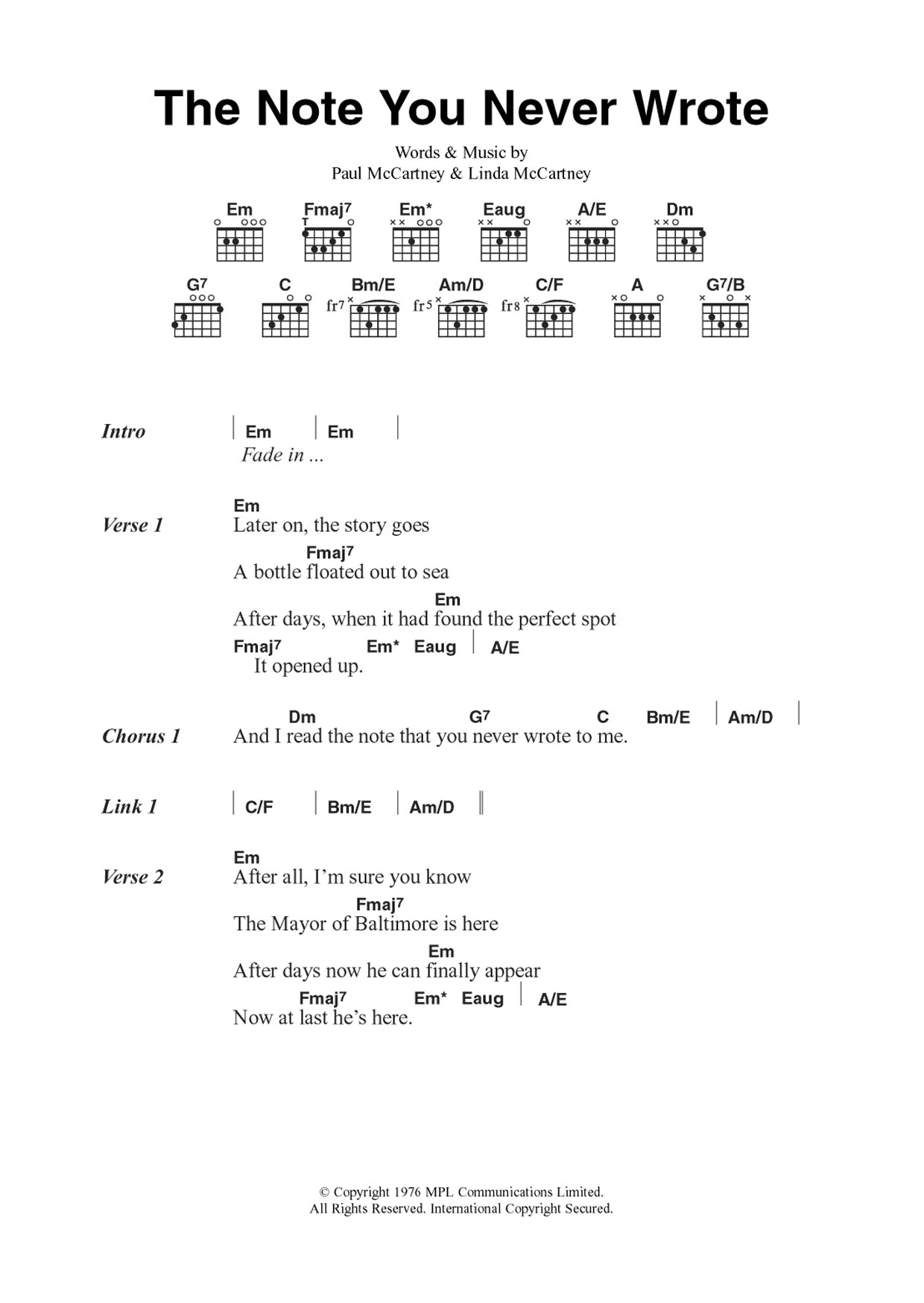 Wings The Note You Never Wrote sheet music notes and chords. Download Printable PDF.