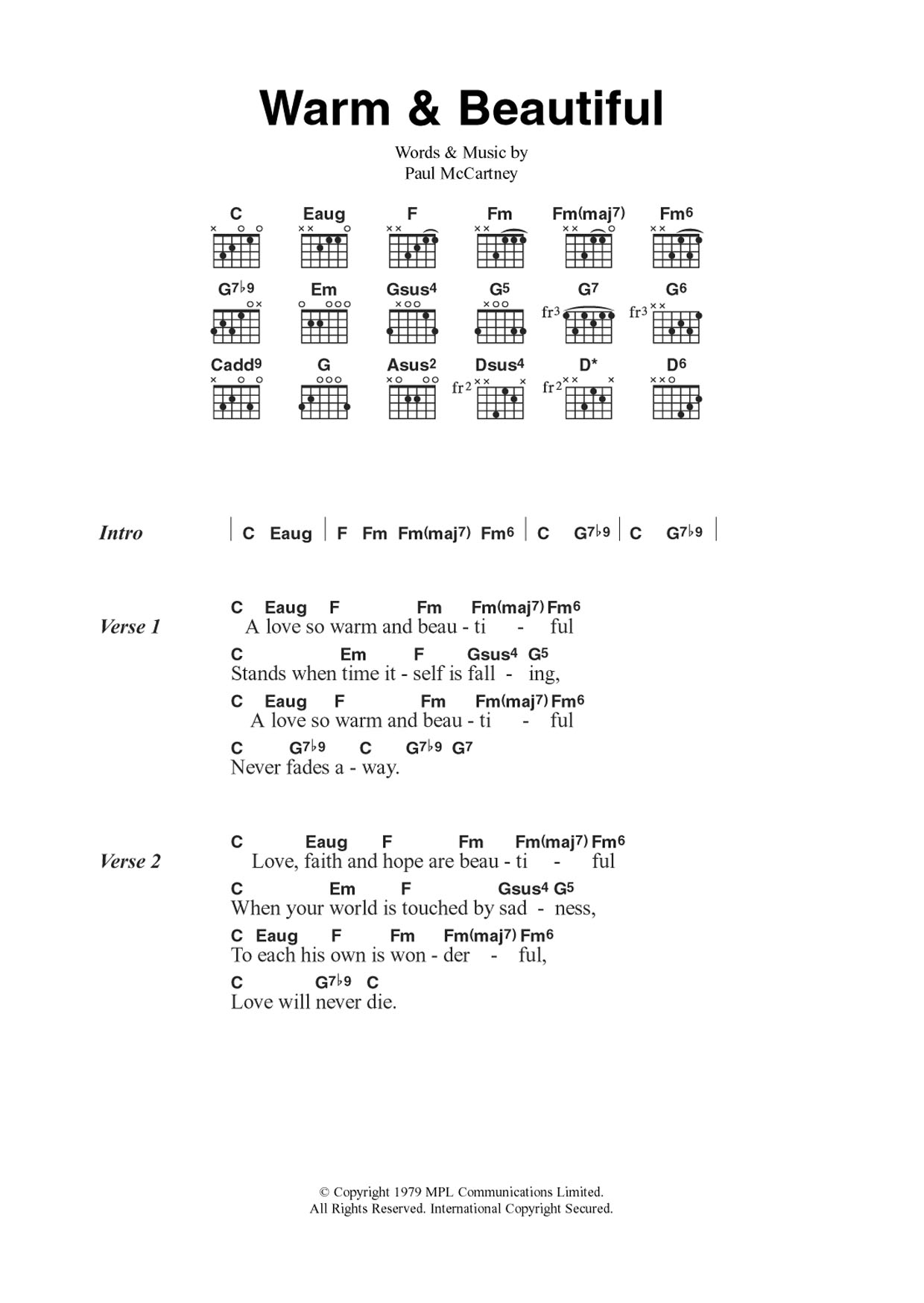 Wings Warm and Beautiful sheet music notes and chords arranged for Guitar Chords/Lyrics