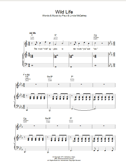 Learn to play Paul McCartney & Wings Wild Life sheet music for Piano, Vocal & Guitar Chords in minutes. Price: 7.8900$ Paul McCartney & Wings Wild Life sheet music notes and chords arranged for Piano, Vocal & Guitar Chords