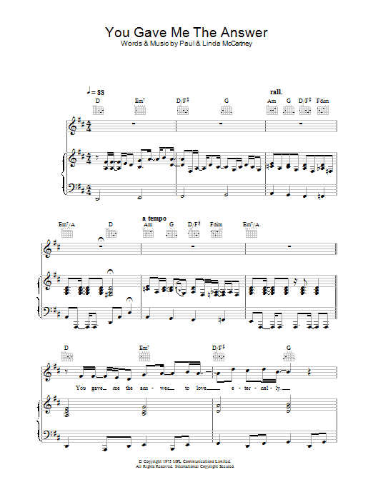 Learn to play Wings You Gave Me The Answer sheet music for Piano, Vocal & Guitar Chords in minutes. Price: 7.8900$ Wings You Gave Me The Answer sheet music notes and chords arranged for Piano, Vocal & Guitar Chords