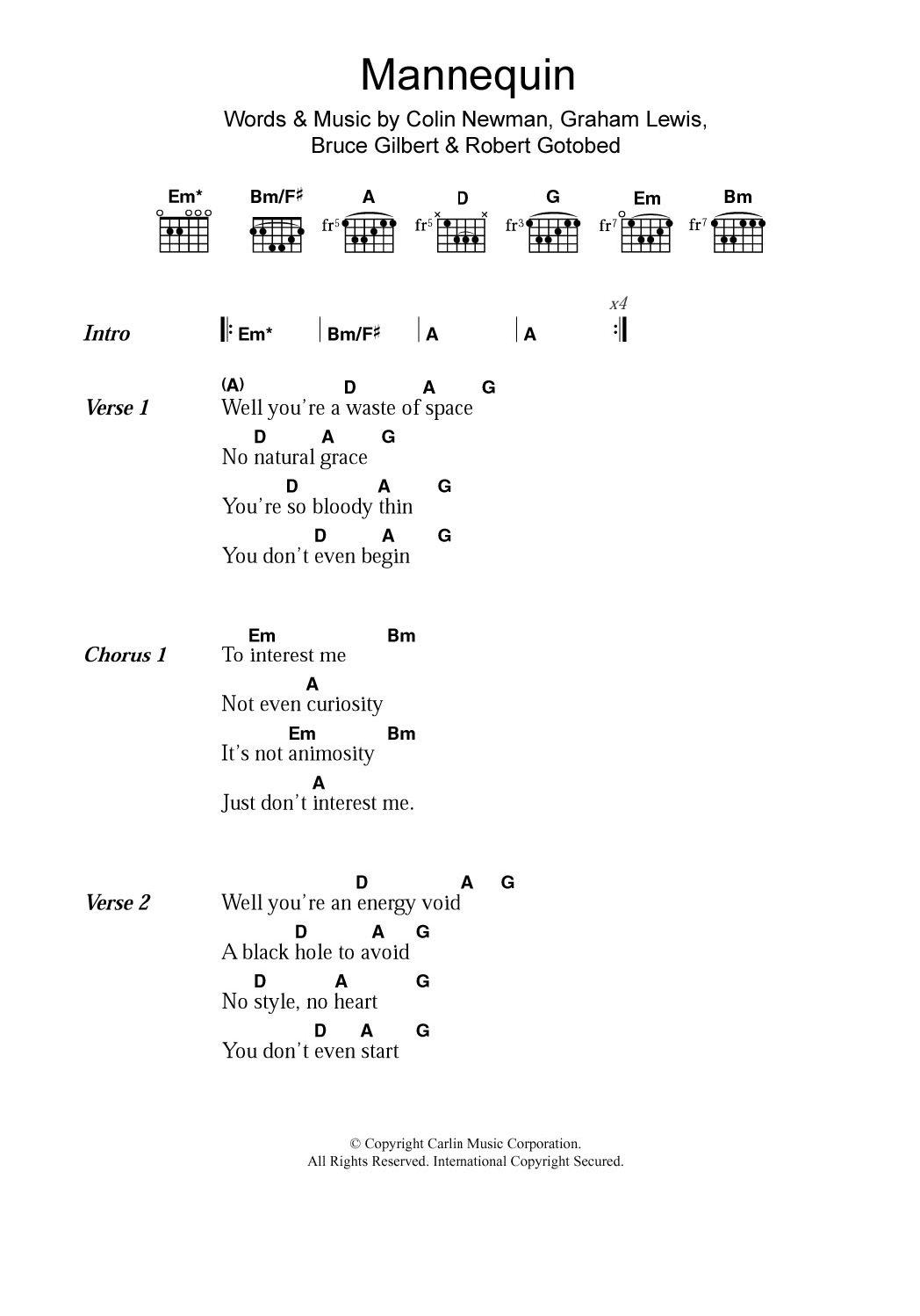 WIRE Mannequin sheet music notes and chords. Download Printable PDF.