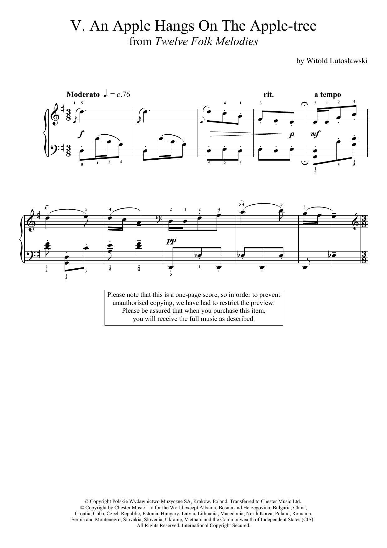 Learn to play Witold Lutoslawski An Apple Hangs On The Apple-Tree sheet music for Piano Solo in minutes. Price: 7.8900$ Witold Lutoslawski An Apple Hangs On The Apple-Tree sheet music notes and chords arranged for Piano Solo