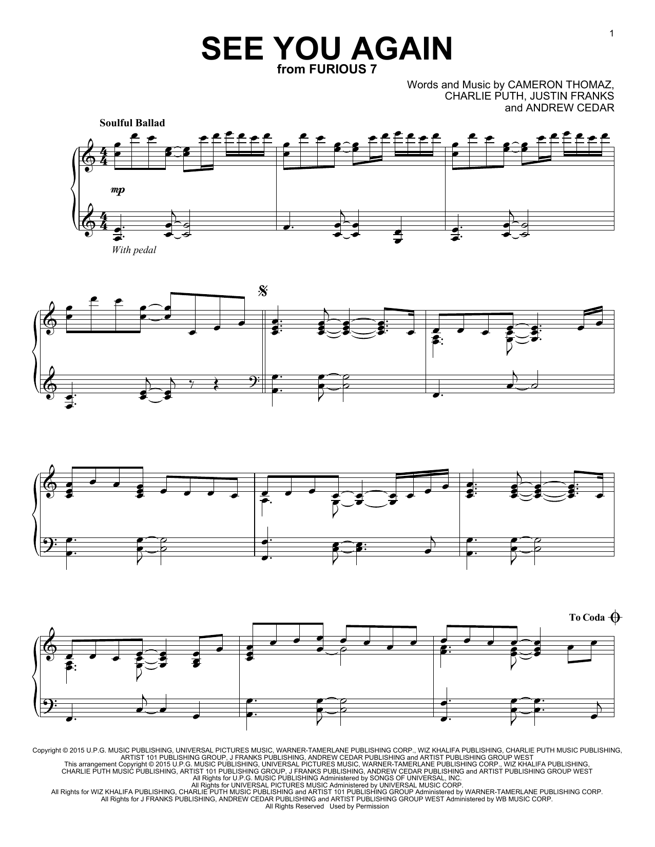 Wiz Khalifa See You Again (feat. Charlie Puth) sheet music notes and chords. Download Printable PDF.