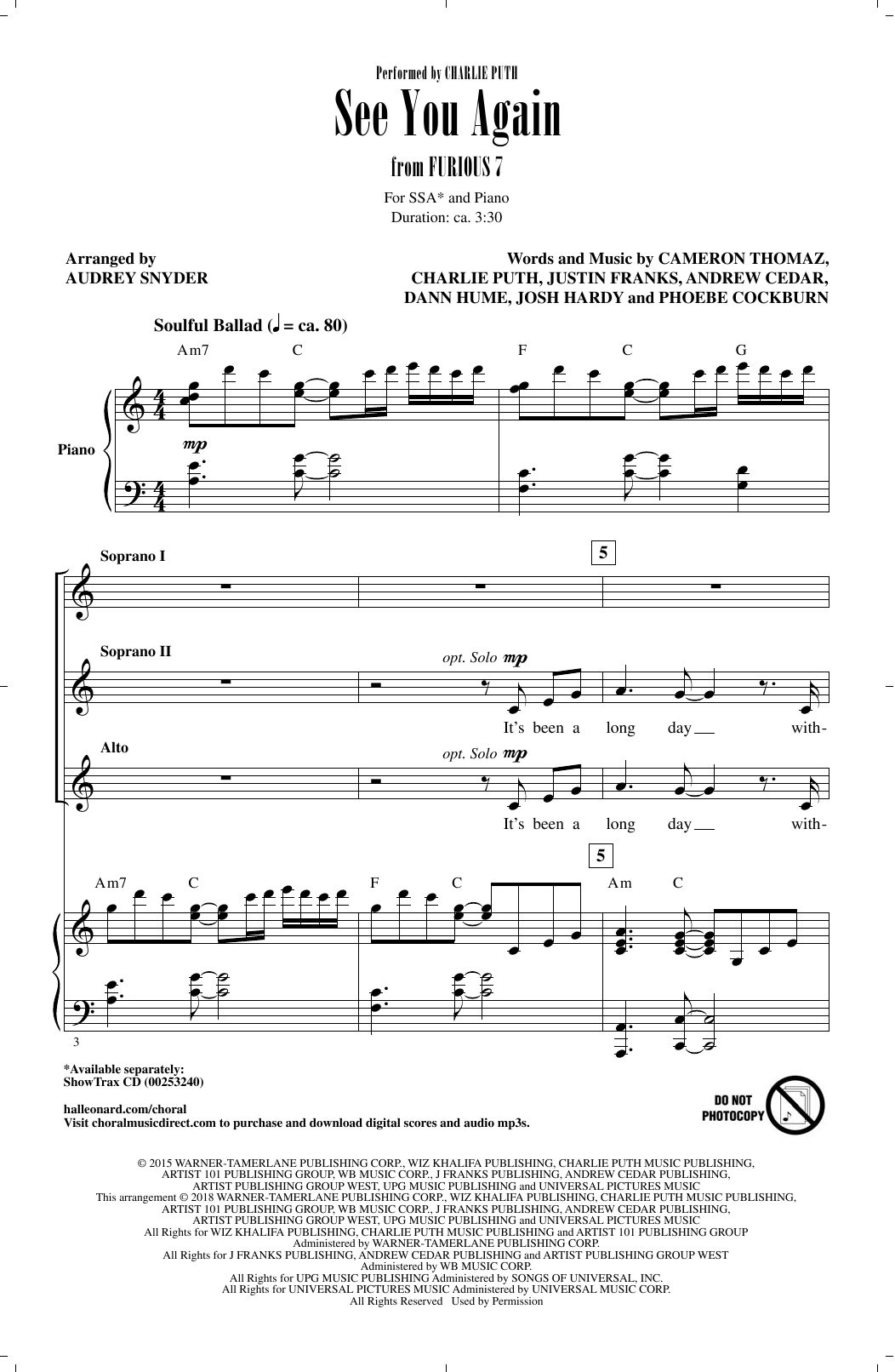 Audrey Snyder See You Again sheet music notes and chords. Download Printable PDF.