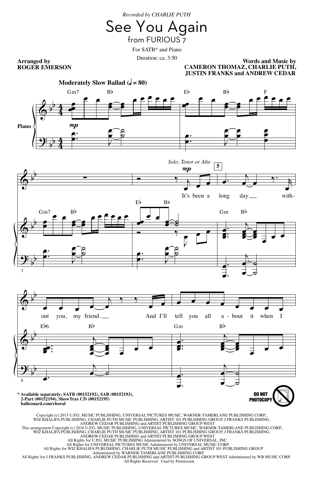 Wiz Khalifa See You Again (feat. Charlie Puth) (arr. Roger Emerson) sheet music notes and chords. Download Printable PDF.