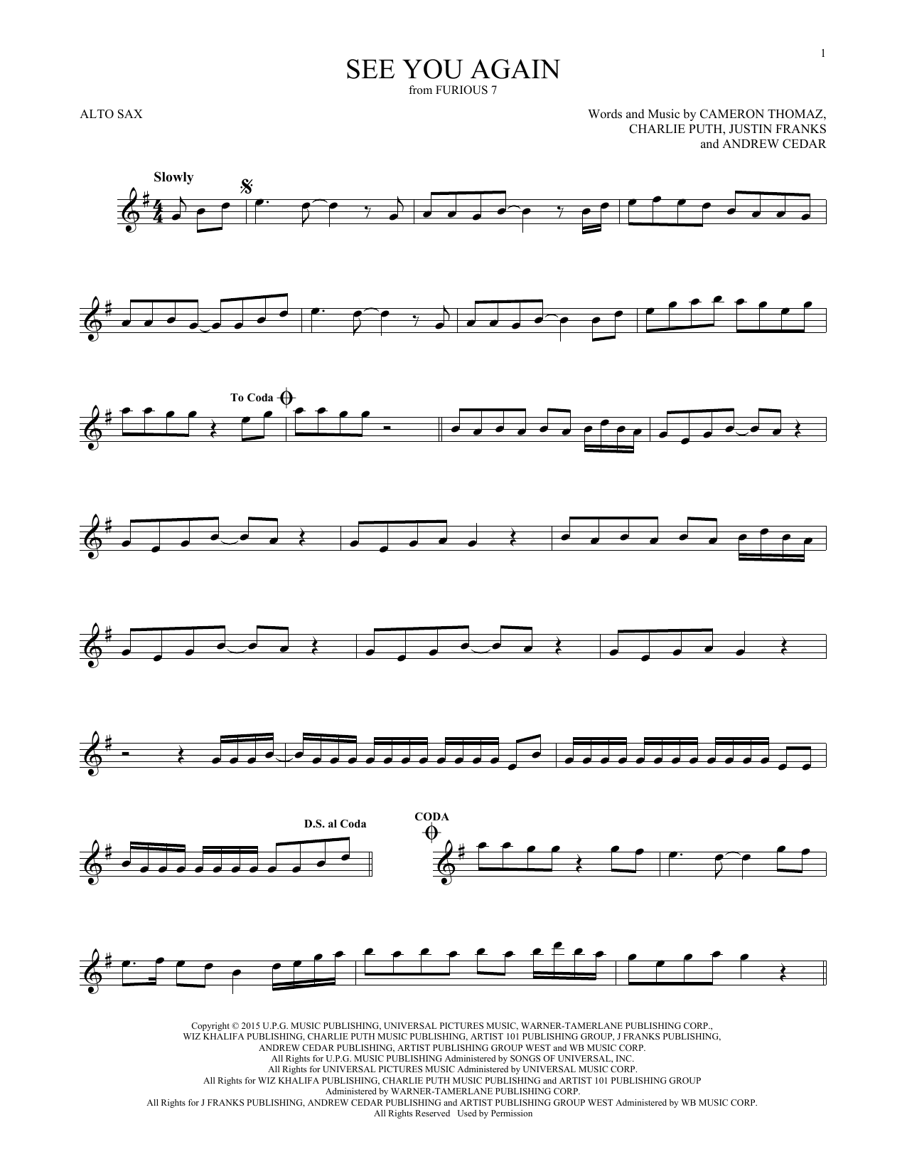 Wiz Khalifa See You Again (feat. Charlie Puth) sheet music notes and chords. Download Printable PDF.