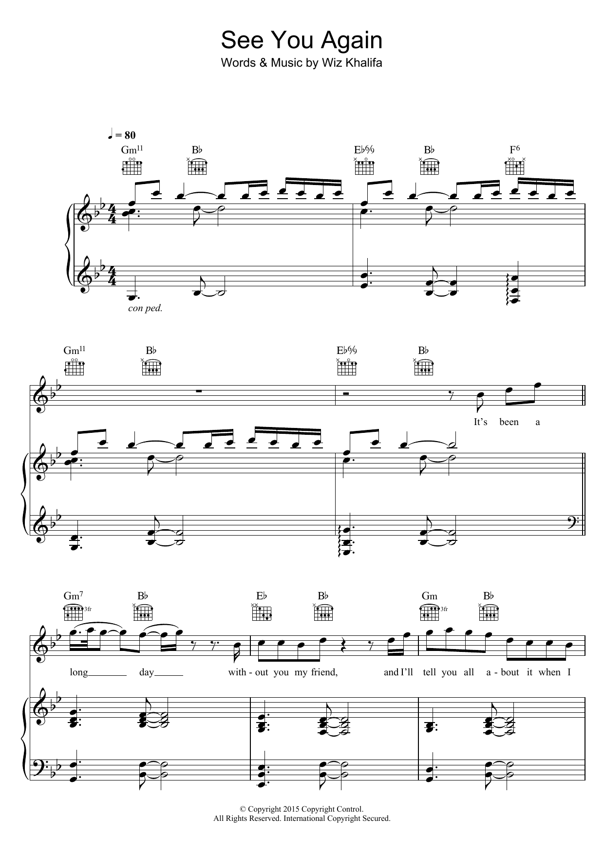 Wiz Khalifa See You Again (feat. Charlie Puth) sheet music notes and chords. Download Printable PDF.