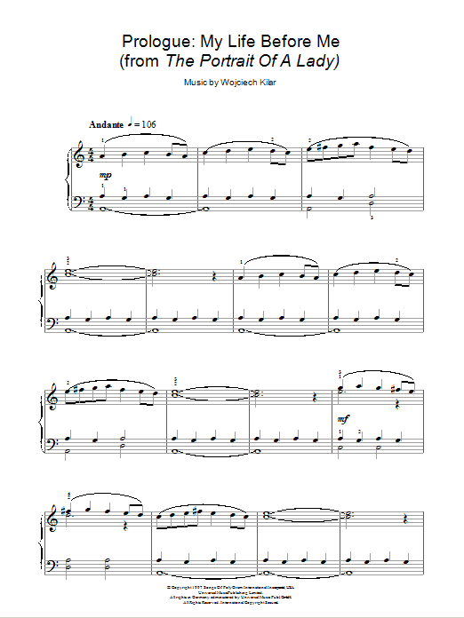 Learn to play Wojciech Kilar Prologue: My Life Before Me (from The Portrait Of A Lady) sheet music for Piano Solo in minutes. Price: 7.8900$ Wojciech Kilar Prologue: My Life Before Me (from The Portrait Of A Lady) sheet music notes and chords arranged for Piano Solo