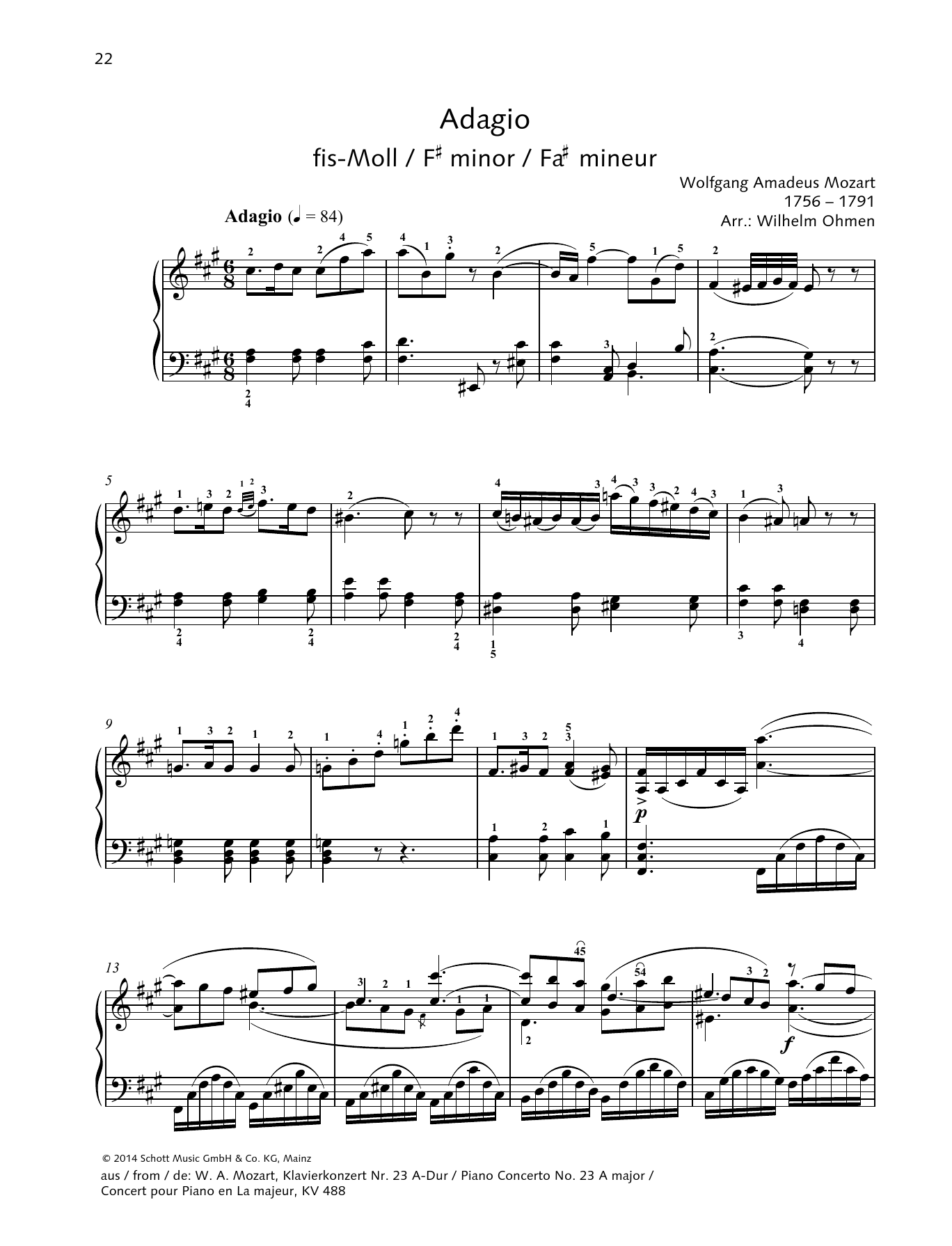 Wolfgang Amadeus Mozart Adagio sheet music notes and chords arranged for Piano Solo