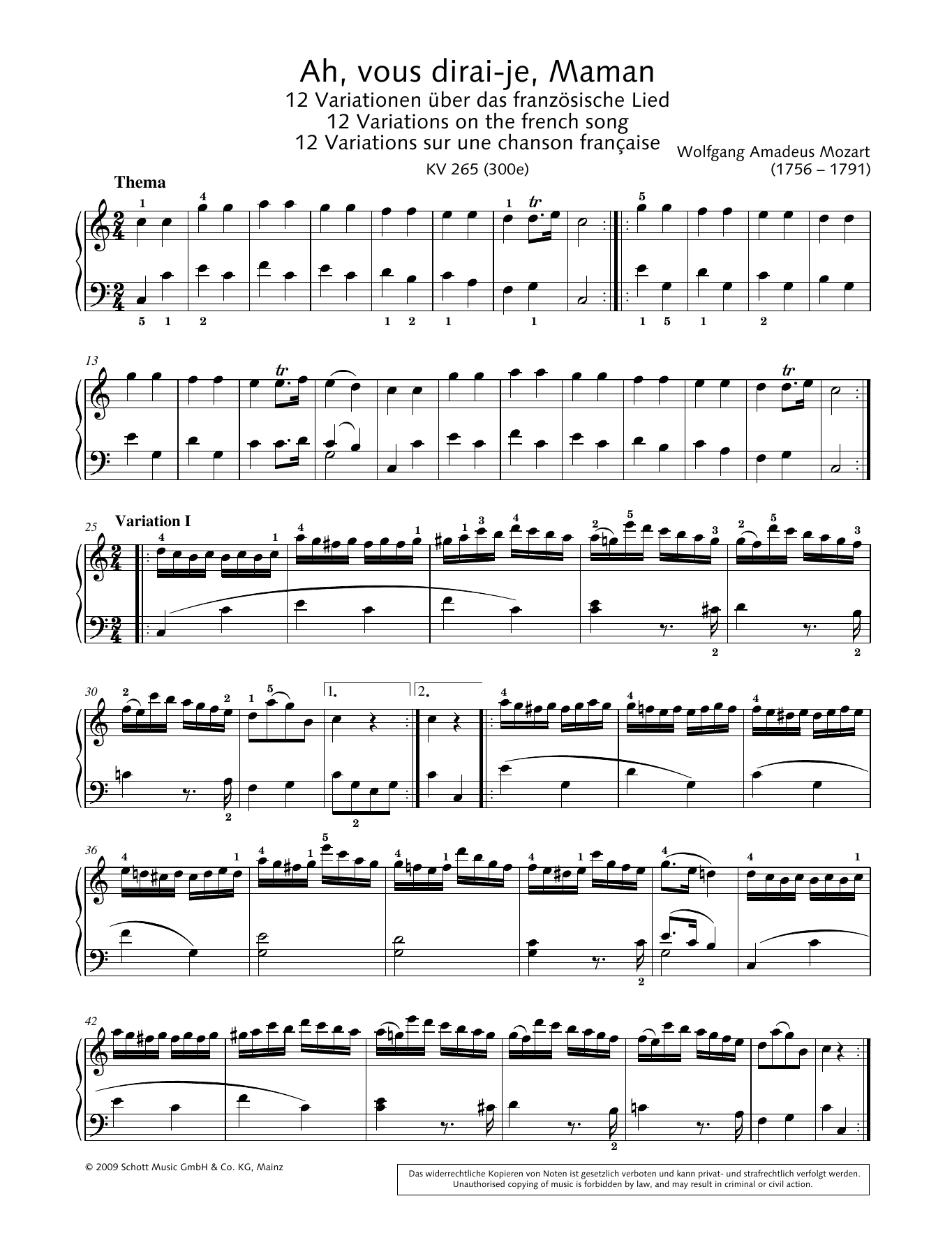 Wolfgang Amadeus Mozart Ah, vous dirai-je, Maman in C major sheet music notes and chords. Download Printable PDF.