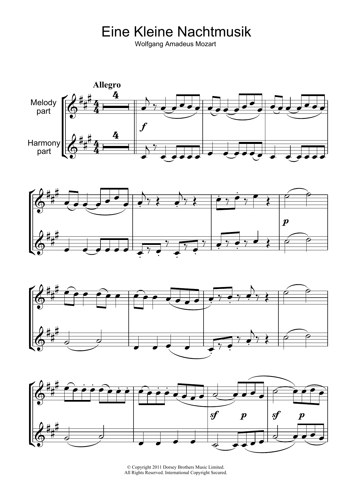 Wolfgang Amadeus Mozart Allegro from Eine Kleine Nachtmusik K525 sheet music notes and chords. Download Printable PDF.