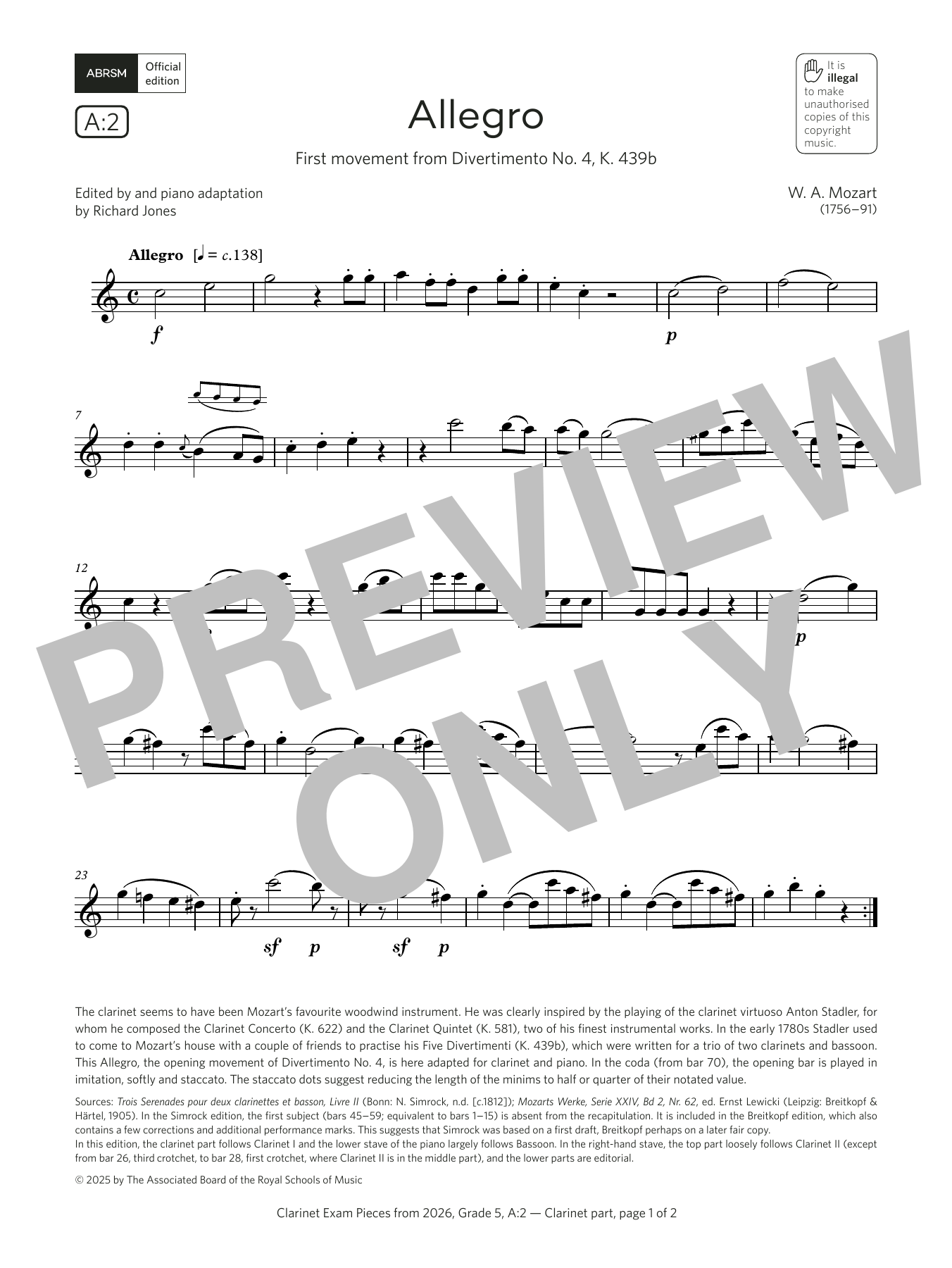 Learn to play Wolfgang Amadeus Mozart Allegro (Grade 5, list A2, from the ABRSM Clarinet Syllabus from 2026) sheet music for Clarinet Solo in minutes. Price: 5.9900$ Wolfgang Amadeus Mozart Allegro (Grade 5, list A2, from the ABRSM Clarinet Syllabus from 2026) sheet music notes and chords arranged for Clarinet Solo