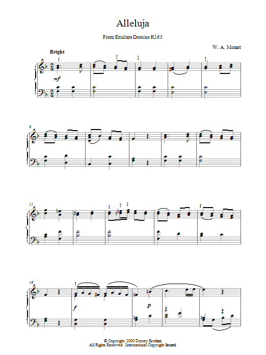 Wolfgang Amadeus Mozart Alleluja From Exultate Domino sheet music notes and chords arranged for Piano Solo