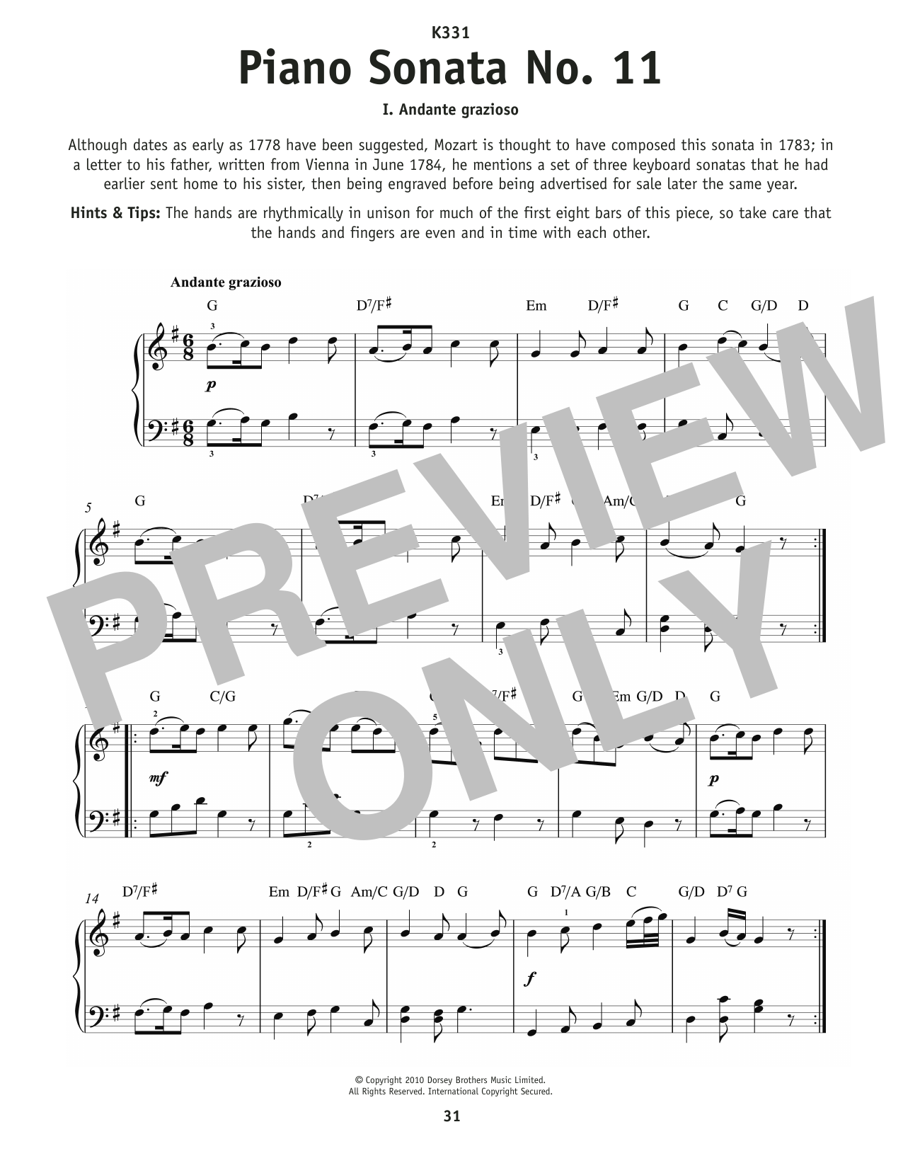 Wolfgang Amadeus Mozart Andante Grazioso, K. 331 (Theme) sheet music notes and chords arranged for Really Easy Piano