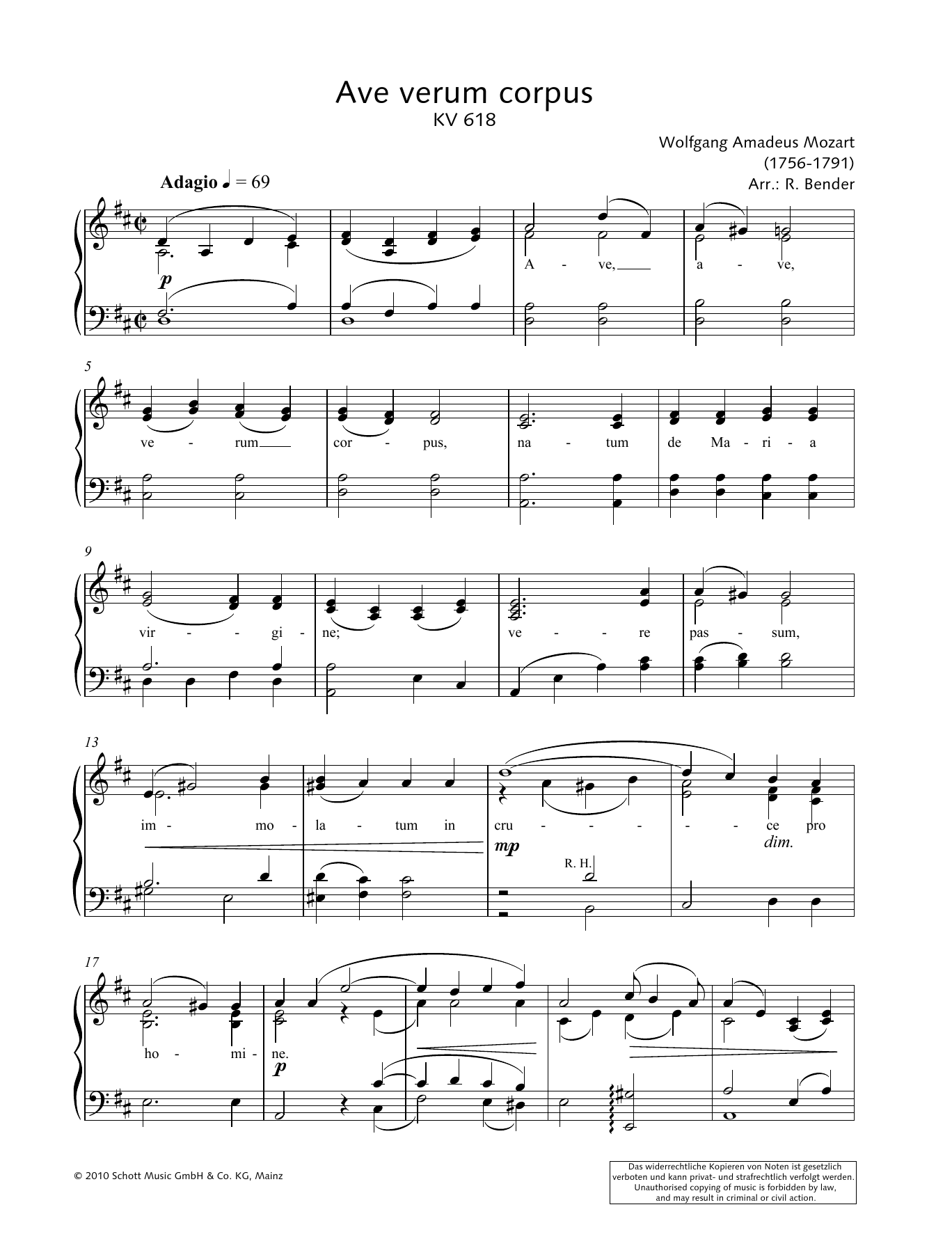 Wolfgang Amadeus Mozart Ave Verum Corpus sheet music notes and chords. Download Printable PDF.