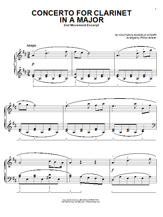 Wolfgang Amadeus Mozart Slow Movement Theme (from Clarinet Concerto K622) sheet music notes and chords arranged for Easy Piano