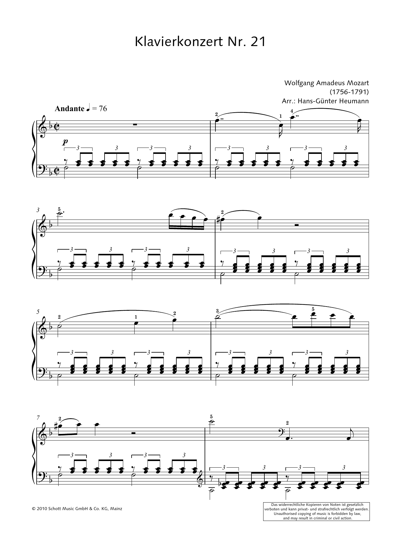 Learn to play Wolfgang Amadeus Mozart Concerto for Piano and Orchestra No. 21 in C major sheet music for Piano Solo in minutes. Price: 6.9900$ Wolfgang Amadeus Mozart Concerto for Piano and Orchestra No. 21 in C major sheet music notes and chords arranged for Piano Solo
